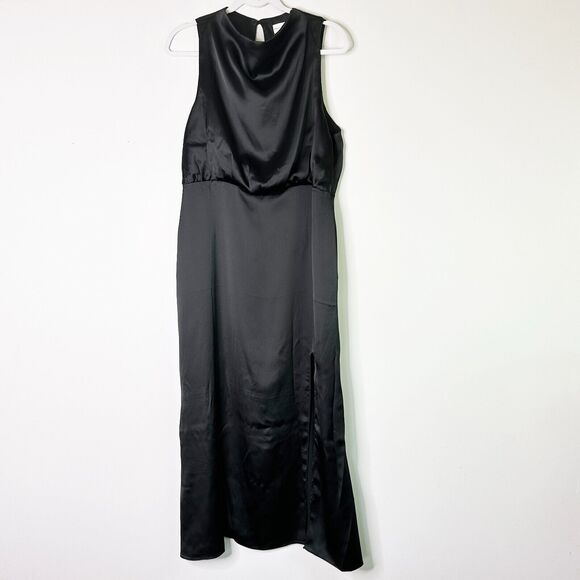Pretty Lavish Dresses & Skirts - PRETTY LAVISH Dress Women 16 Curve Black Satin Empire High Neck Split Midi NWT